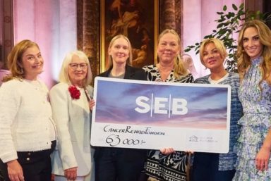 En grupp kvinnor står på rad och håller upp en SEB-check.