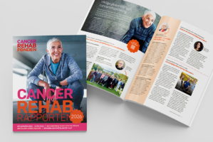 Framsidan av CancerRehabRapporten med en kvinna i träningskläder.