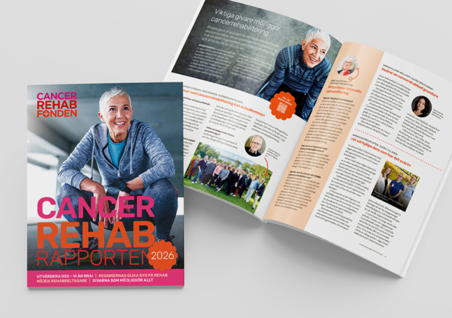 Framsidan av CancerRehabRapporten med en kvinna i träningskläder.