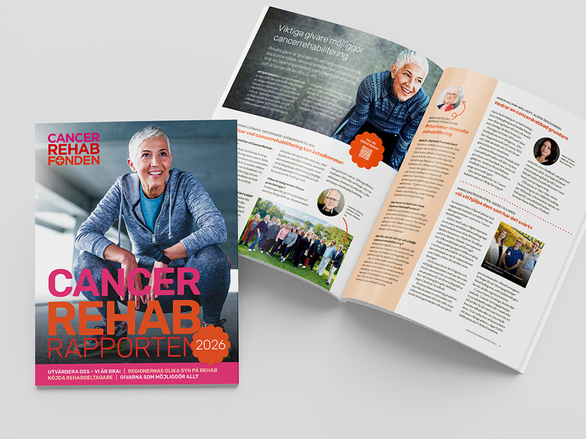 Framsidan av CancerRehabRapporten med en kvinna i träningskläder.
